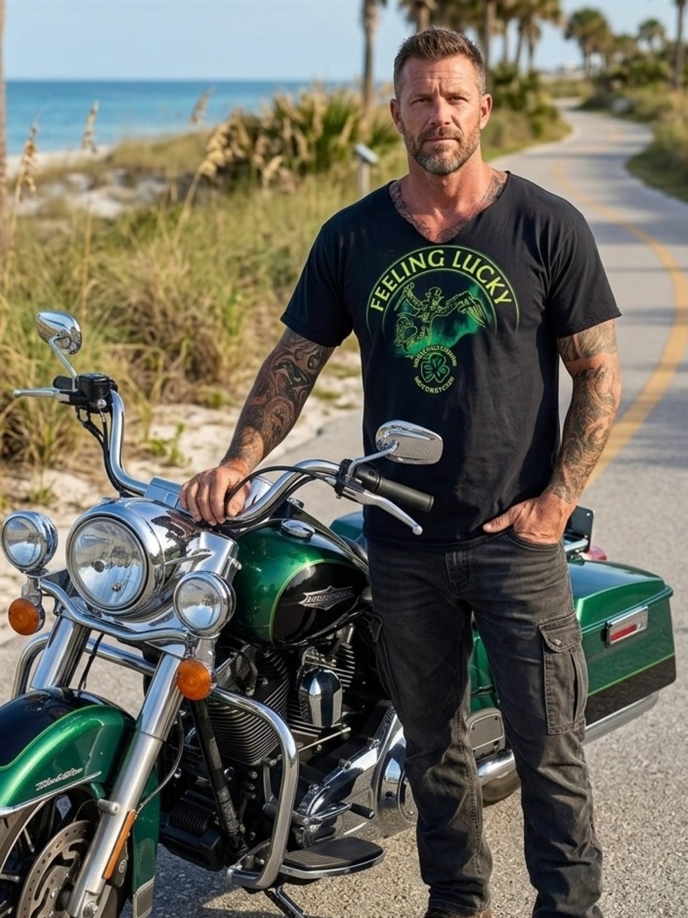 Harley-Davidson Black Tee with Neon Green 'Feeling Lucky' Graphic